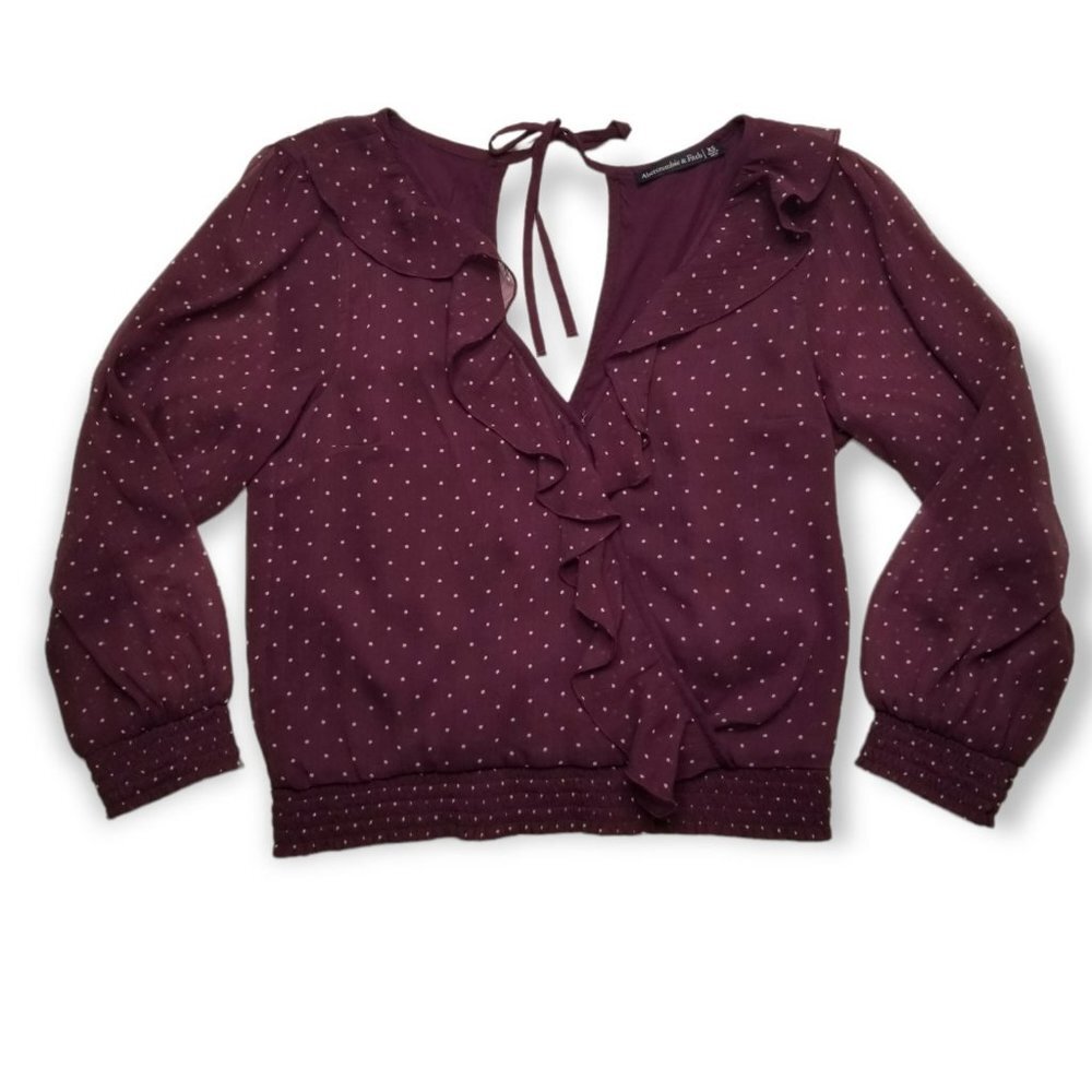 ⚡Abercrombie & Fitch Size XS Purple Flouncy Long Sleeve Polkadot Surplice Blouse